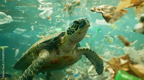 A turtle swimming in the ocean among plastic waste. Suitable for environmental awareness campaigns