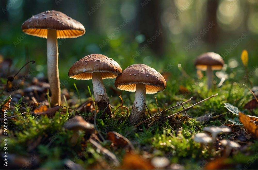 beautiful closeup of forest mushrooms in grass autumn beautiful closeup of forest mushrooms in grass autumn