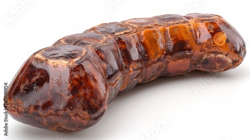  a close up of a piece of meat on a white background with clippings to the side of the sausage.