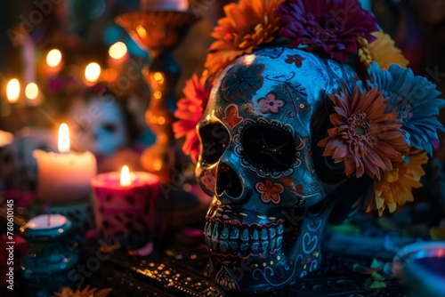 Day of the Dead traditional Mexican skull surrounded by celebration candles and colorful flowers