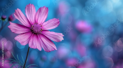  a close up of a pink flower on a blue background with boke of blurry lights in the background.