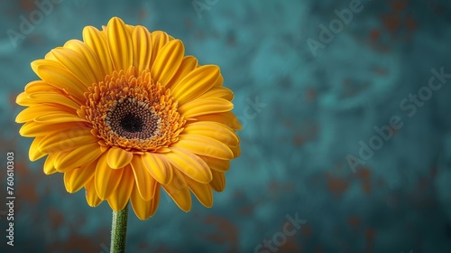  a close up of a yellow flower with a blue wall in the back ground behind it and a blue wall in the back ground behind it.