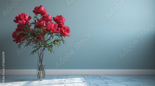  a vase filled with red flowers sitting on top of a white floor next to a blue wall and a white tiled floor.