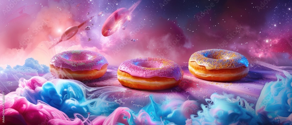 Surreal space donuts. Fantasy illustration of colorful donuts floating in a dreamy space setting with nebulous clouds and starships.