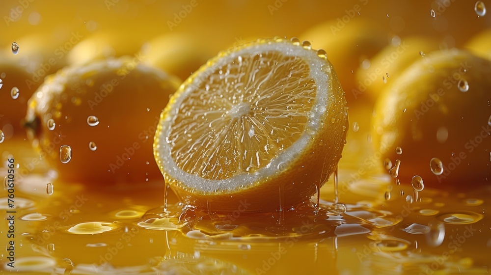 a group of lemons sitting on top of a table with drops of water on the top of the fruit. a group of lemons sitting on top of a table with drops of water on the top of the fruit.