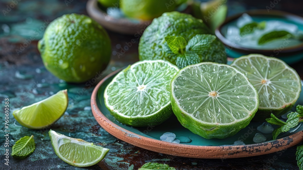 a plate of limes and mints with a bowl of mints and a bowl of limes in the background. a plate of limes and mints with a bowl of mints and a bowl of limes in the background.