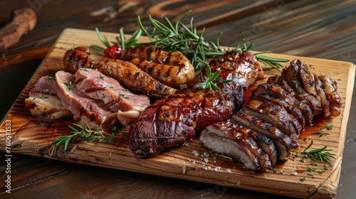 A selection of grilled gourmet meats on a rustic timber board.