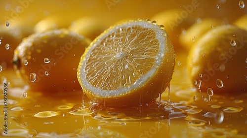  a group of lemons sitting on top of a table with drops of water on the top of the fruit.