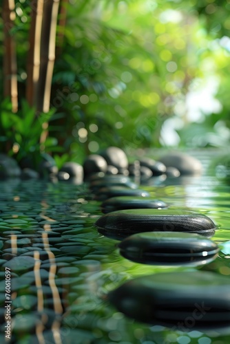 Spa serenity with bamboo and stones lush green background