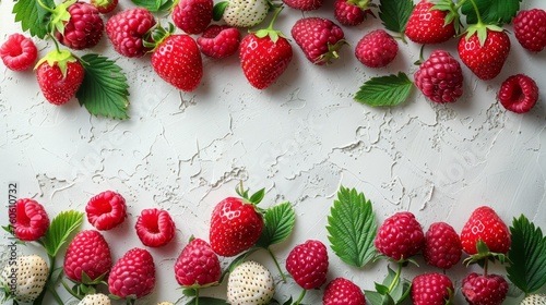  a bunch of strawberries and raspberries on a white surface with green leaves and berries on the side.