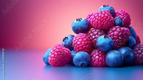  a pile of raspberries and blueberries sitting on top of each other on a purple and pink background.