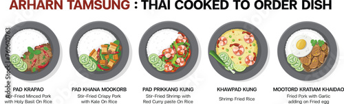 Set of Thai Cooked to order dish in Top view (Thai Cuisine illustration of Pad Krapao , Khana Mookorb , Prikkang , Fried Rice ,and Moo Kratiam) photo