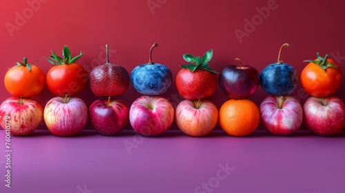  a group of fruit sitting on top of each other on top of a purple surface in front of a red wall.