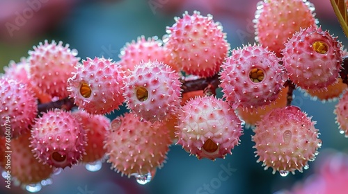  a close up of a bunch of flowers on a branch with drops of water on the petals and a blurry background.