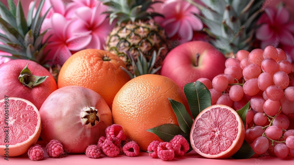 a close up of a bunch of fruit on a table with a pineapple, grapefruit, pomegranate, and a pineapple. a close up of a bunch of fruit on a table with a pineapple, grapefruit, pomegranate, and a pineapple.
