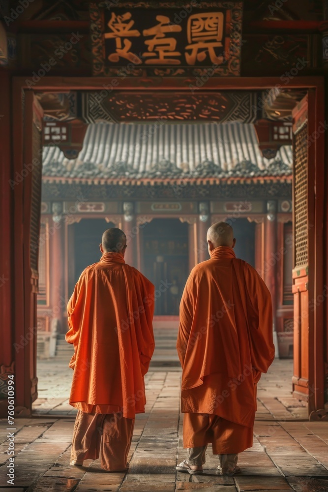 Two monks in orange robes walking through a building. Suitable for cultural and spiritual concepts