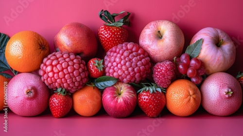  a pile of fruit sitting next to each other on a pink surface with apples  oranges  and raspberries.