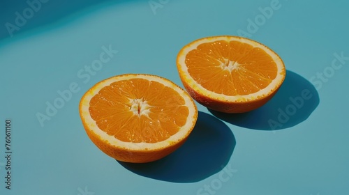 Fresh orange halves on vibrant blue background. Perfect for food and healthy eating concepts