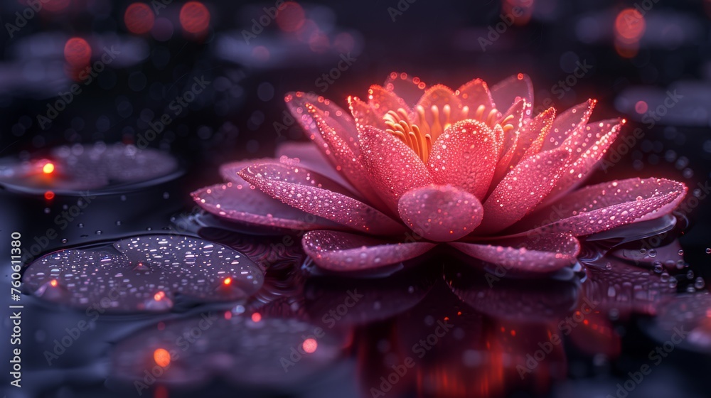 a pink flower sitting on top of a puddle of water next to a lit candle on top of a table. a pink flower sitting on top of a puddle of water next to a lit candle on top of a table.