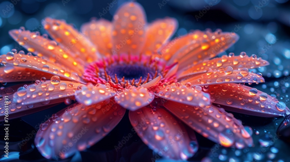 a close up of a pink flower with drops of water on it's petals and a dark blue background. a close up of a pink flower with drops of water on it's petals and a dark blue background.