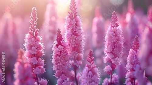  a close up of a bunch of pink flowers with a blurry background of the flowers in the foreground.