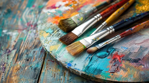 Artist paintbrushes on water colors palette .Studio shot on wooden background and vintage styled. Photo of Art or abstract concept.