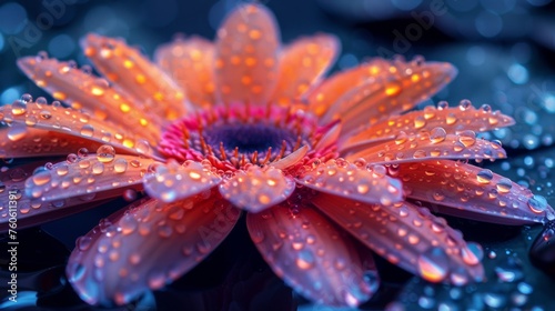  a close up of a pink flower with drops of water on it's petals and a dark blue background.