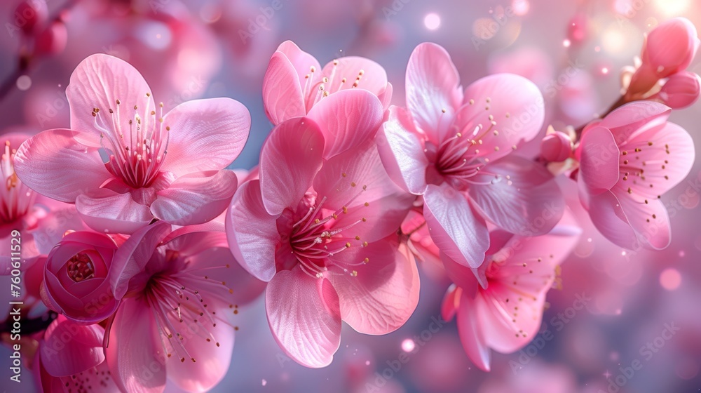 a close up of a bunch of pink flowers on a branch with boke of light shining on the background. a close up of a bunch of pink flowers on a branch with boke of light shining on the background.