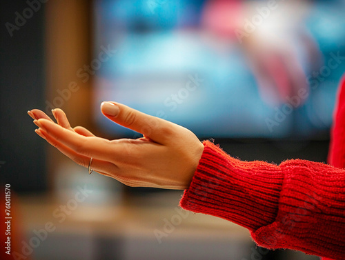 A close-up of the managers hands as she gestures during her presentation with a blurred background of the TV set photo