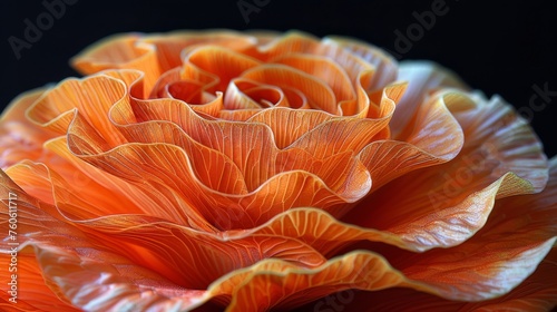  a close up of an orange flower that looks like it has a lot of ruffles on the petals.