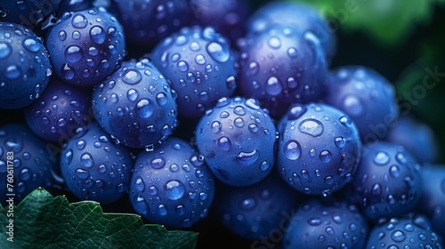  a close up of a bunch of grapes with drops of water on them and a green leaf in the foreground.