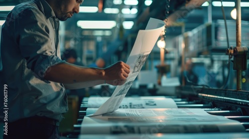 A man reading a newspaper in a factory setting. Ideal for industrial, business, and news-related concepts photo