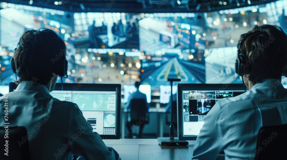 Two people working at desk with dual monitors Two people working at desk with dual monitors