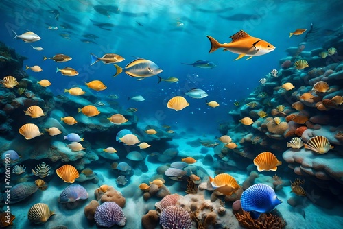 coral reef with fish  Dive into the depths of imagination with an AI-generated image showcasing a nautical marine underwater scene  complete with sandy ocean floors adorned with shells and stars
