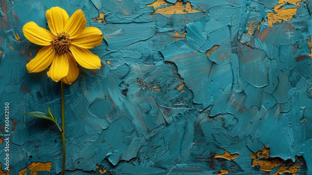  a yellow flower sitting on top of a blue and yellow paint covered piece of art that looks like it has been painted.