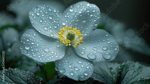  a close up of a blue flower with drops of water on it and a green leafy plant in the background.
