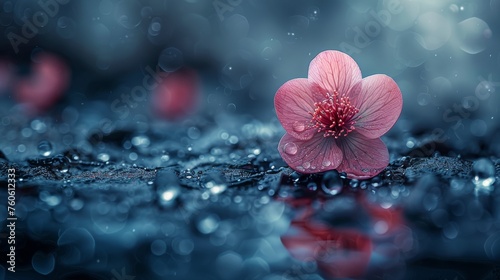  a pink flower sitting on top of a puddle of water with drops of water on the ground next to it.