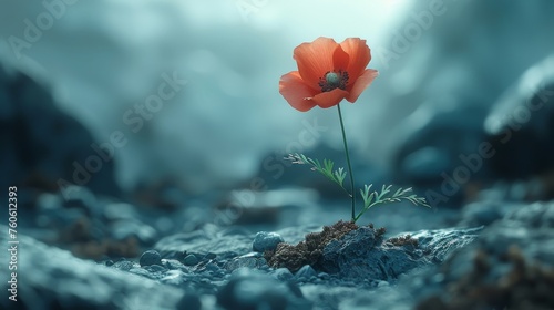  a single red flower sitting on top of a pile of rocks in the middle of a rocky area with a blue sky in the background. photo