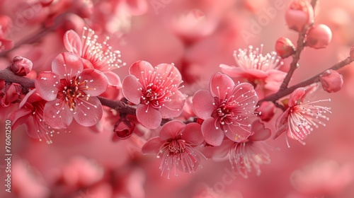  a close up of a branch of a tree with pink flowers and water droplets on the petals of the flowers.