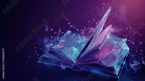 concept of digital literacy or e-learning, low poly book with futuristic element