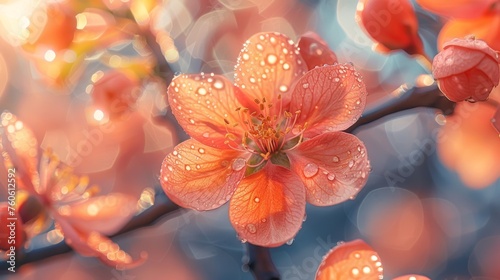  a close up of a flower on a branch with drops of water on the petals and a blurry background.