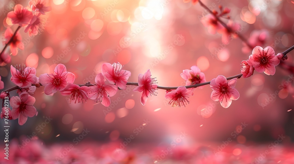  a branch with pink flowers in front of a blurry image of the sun shining through the leaves of a tree.