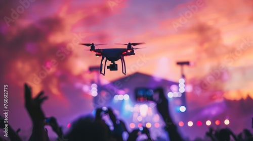 Drone silhouette flying above live concert and shooting photo and video of music festival.
