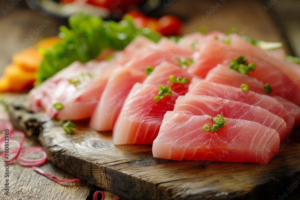 Fresh raw Hamachi fillet steak and sashimi on wooden board in rustic composition