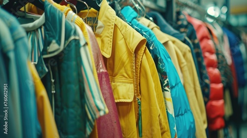 A collection of jackets hanging on a rack, suitable for fashion or retail concepts