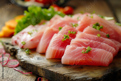 Fresh raw Hamachi fillet steak and sashimi on wooden board in rustic composition