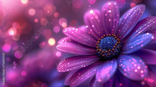  a close up of a purple flower with drops of water on the petals and a blurry background behind it.