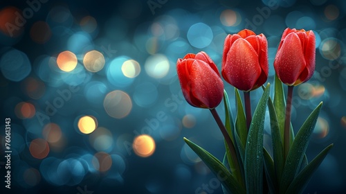  three red tulips are in a vase with water droplets on the surface of a blurry boke background.
