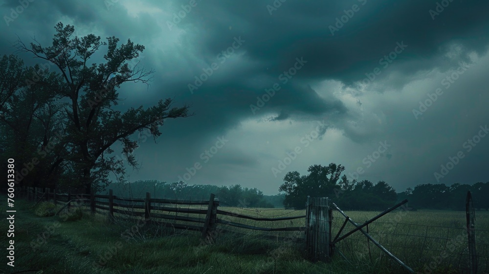 A fence standing in the middle of a vast field under a dramatic cloudy sky. Ideal for agricultural or rural concept A fence standing in the middle of a vast field under a dramatic cloudy sky. Ideal for agricultural or rural concept