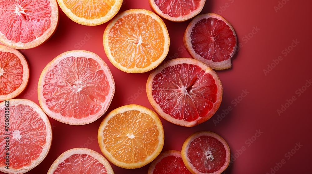 a group of grapefruits cut in half on a red background with a red background and a red background. a group of grapefruits cut in half on a red background with a red background and a red background.